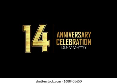 14 year anniversary celebration Yellow Golden Color Sporty Design logotype. anniversary logo isolated on Black background, for celebration, invitation card, and greeting card - Vector