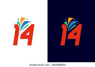 14 year anniversary firework logo design. Number celebration with colorful spark. Simple icon for carnival or festival