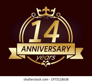 14 year anniversary. Gold round frame with crown and ribbon. Vector illustration for birthday, wedding or anniversary greetings, for creative design. Simple style.