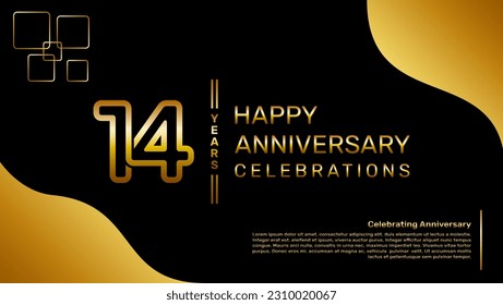 14 year anniversary logo design with a double line concept in gold color, logo vector template illustration