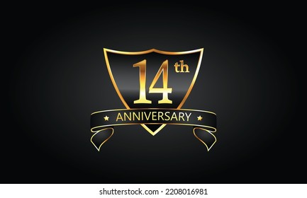 14 year anniversary logo with golden shield and ribbon. Dark concept anniversary. 14th Anniversary celebration background. fourteenth anniversary banner vector