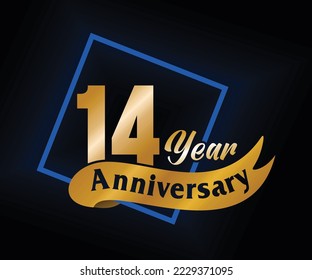 14 Year Anniversary ordinal number Counting vector art illustration in stunning font on gold color on black background