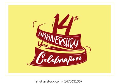 14 year anniversary Red Ribbon, minimalist logo, greeting card. Birthday invitation. 14  year sign. Red space vector illustration on yellow background - Vector