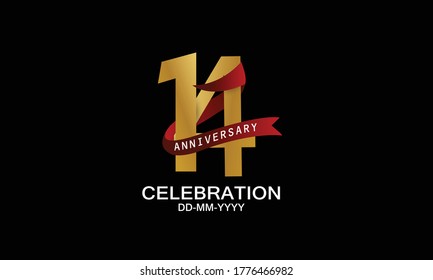 14 year anniversary red ribbon celebration logotype. anniversary logo with Red text and Spark light gold color isolated on black background, design for celebration, invitation - vector