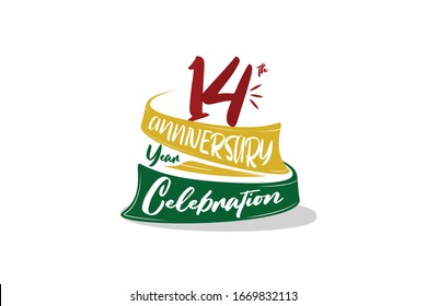 14 year anniversary Red, Yellow, Green Ribbon, minimalist logo, greeting card. Birthday invitation. space vector illustration on yellow background - Vector