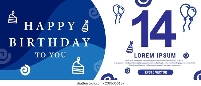 14 year celebration Creative Happy Birthday Text. Blue color decorative banner design, Vector illustration.