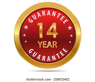 14 year guarantee golden red button, badge,sign