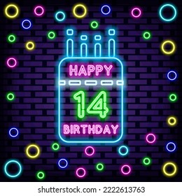 14 Year old Happy Birthday 14th Neon signboards. Glowing with colorful neon light. Light art. Trendy design elements. Vector Illustration