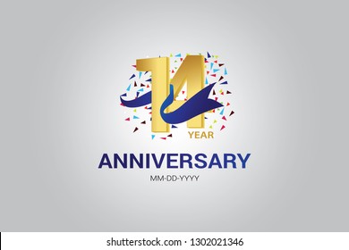 14 years anniversary blue ribbon celebration logotype. anniversary logo with golden and Spark light white color isolated on black background, vector design for celebration, invitation card-vector