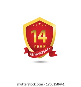 14 Years Anniversary Celebration Emblem Red Gold Vector Template Design Illustration