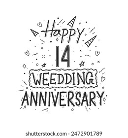 14 years anniversary celebration hand drawing typography design. Happy 14th wedding anniversary hand lettering