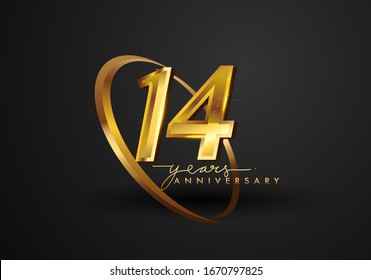 14 Years Anniversary Celebration. Anniversary logo with ring and elegance golden color isolated on black background, vector design for celebration, invitation card, and greeting card