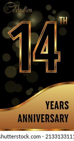 14 years anniversary celebration. Anniversary logo with ring and elegance golden color isolated on black background, vector design for celebration, invitation card, greeting card, and banner