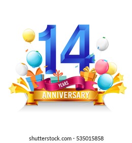 14 Years Anniversary celebration logo, birthday vector illustration, with gift box and balloons, colorful polygonal design.