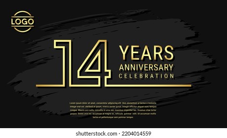 14 years anniversary celebration, anniversary celebration template design with gold color isolated on black brush background. vector template illustration