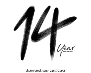 14 Years Anniversary Celebration Vector Template, 14 Years  logo design, 14th birthday, Black Lettering Numbers brush drawing hand drawn sketch, number logo design vector illustration