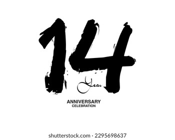 14 Years Anniversary Celebration Vector Template, 14 number logo design, 14th birthday, Black Lettering Numbers brush drawing hand drawn sketch, black number, Anniversary vector illustration