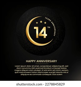 14 years anniversary with a half moon, stars, glitter and editable speech text. Golden half moon anniversary banner template with a golden number