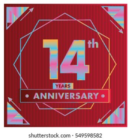 14 years anniversary logo celebration with ring and ribbon. Greeting card and cover template.