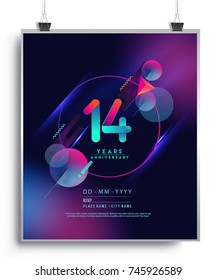 14 Years Anniversary Logo with Colorful Galactic background, Vector Design Template Elements for Invitation Card and Poster Your Birthday Celebration.