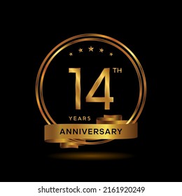 14 years anniversary logo with gold color and ribbon for booklet, leaflet, magazine, brochure poster, banner, web, invitation or greeting card. Vector illustrations.