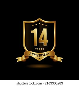 14  years anniversary logo with golden shield and ribbon for booklet, leaflet, magazine, brochure poster, banner, web, invitation or greeting card. Vector illustrations.