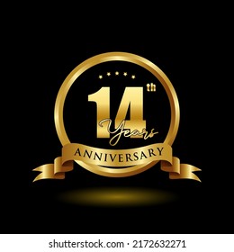 14 years anniversary logo with golden ring and ribbon for booklet, leaflet, magazine, brochure poster, banner, web, invitation or greeting card. Vector illustrations.