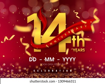 14 years anniversary logo template on gold background. 14th celebrating golden numbers with red ribbon vector and confetti isolated design elements