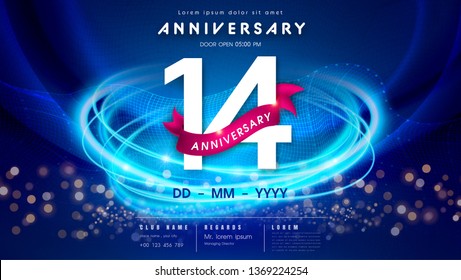 14 years anniversary logo template on dark blue Abstract futuristic space background. 14th modern technology design celebrating numbers with Hi-tech network digital technology concept design elements.