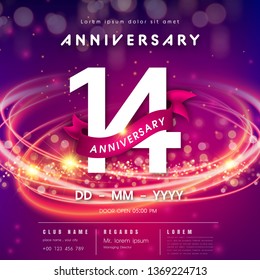 14 years anniversary logo template on purple Abstract futuristic space background. 14th modern technology design celebrating numbers with Hi-tech network digital technology concept design elements.