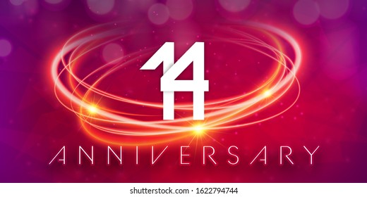14 years anniversary logo template on purple Abstract futuristic space background. 14th modern technology design celebrating numbers with Hi-tech network digital technology concept design elements.