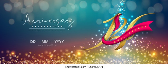 14 years anniversary logo template on gold and blue background. 14th celebrating golden numbers with red ribbon vector and confetti isolated design elements