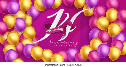 14 years anniversary logo template design on pink background and balloons. 14th anniversary celebration background with pink ribbon and balloons. Party poster or brochure template. Vector illustration