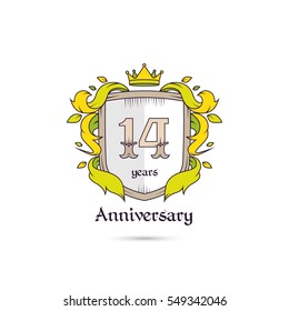 14 Years Anniversary Logo Using Heraldic Theme, Colorful and Isolated on white background