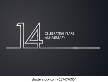 14 Years Anniversary logotype with silver colored font numbers made of one connected line, isolated on black background for company celebration event, birthday - Vector