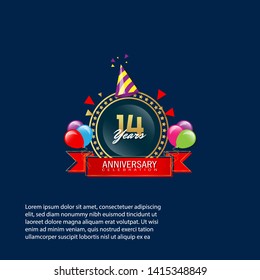 14 years anniversary - modern design celebrating. 4 years anniversary celebration simple logo. ribbon,balloon, gold emblem 