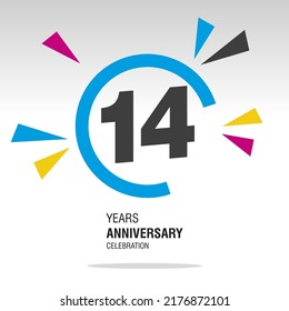 14 Years Anniversary, number in broken circle with colorful bang of confetti, logo, icon, white background