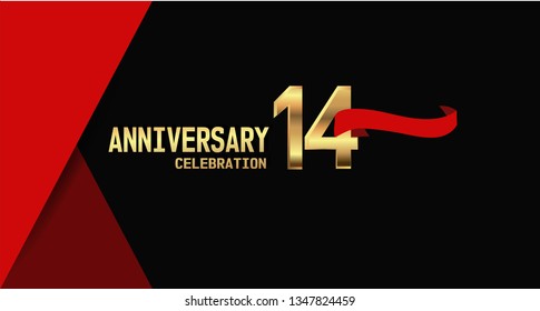 14 years Anniversary simple design with golden font and red ribbon, black and red background. elegant and simple design