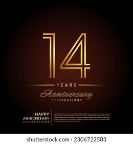 14 years anniversary, anniversary template design with double line number and golden text for birthday celebration event, invitation, banner poster, flyer, and greeting card, vector template