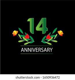 14 Years anniversary. Vector design greeting card with decorative floral for celebration
