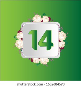 14 Years anniversary. Vector design greeting card with decorative floral for celebration