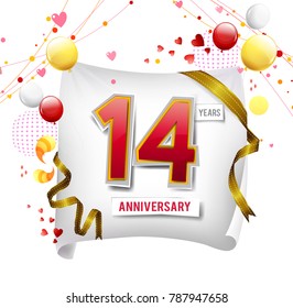 14 years anniversary vector illustration, banner, flyer, logo, icon, symbol. Graphic design element with flag, balloon, ribbon, confetty. Birthday greeting, event celebration
