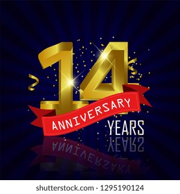 14 years anniversary Vector Template Design with golden color and silver ribbon isolated on blue sunburst background illustration for celebration event - Vector