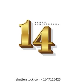14 Years Anniversary Vector Template Design Illustration. Gold 3d Numbers.