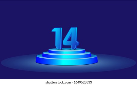 14 Years Anniversary Vector Template Design Illustration. Blue 3d Numbers with podium stage for celebration