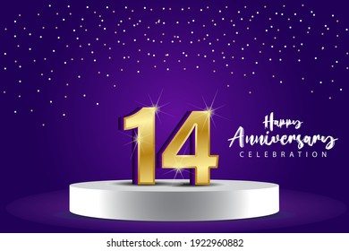 14 Years Anniversary Vector Template Design Illustration. Blue 3d Numbers with podium stage for celebration