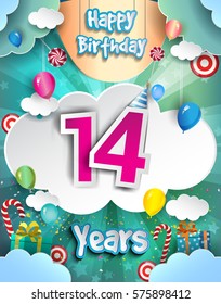 14 Years Birthday Design for greeting cards and poster, with clouds and gift box, balloons. design template for anniversary celebration.