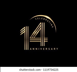 14 years gold anniversary celebration simple logo, isolated on dark background. celebrating Anniversary logo with ring and elegance golden color vector design for celebration, 