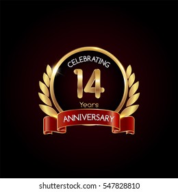 14 years gold anniversary celebration logo with red ribbon , isolated on dark background