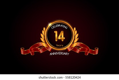 14 years gold anniversary celebration logo with red ribbon , isolated on dark background